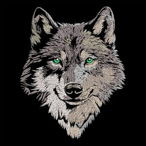 May include: Embroidered wolf head with green eyes on a black background. The wolf's fur is detailed with shades of gray, white, and tan. The image is a close-up of the wolf's face, showcasing its piercing green eyes and detailed fur.