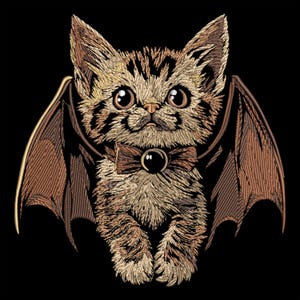 Könnte beinhalten: Gesticktes Bild einer Katze mit Fledermausflügeln, einer Fliege und einem schwarzen Hintergrund. Die Katze hat große, runde Augen und ein gestreiftes Muster auf ihrem Fell. Die Flügel sind dunkelbraun und die Fliege hat eine schwarze Mitte.