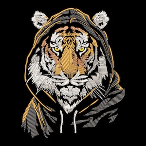 May include: A tiger's face with yellow and orange stripes is shown wearing a grey hooded sweatshirt. The tiger's eyes are bright yellow and the sweatshirt has a white drawstring.
