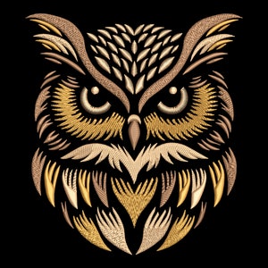 May include: Embroidered owl design with brown and gold stitching. The owl's eyes are black with white pupils. The owl's beak is a light brown colour.