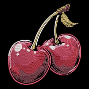Puede incluir: Imagen bordada de dos cerezas en tonos rojos, con reflejos blancos y un contorno oscuro. Los tallos son dorados y blancos, con una sola hoja dorada. El fondo es negro liso.