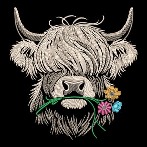May include: Embroidered design of a white Highland cow with long, shaggy hair, holding a bouquet of green stems with pink, yellow, and blue flowers in its mouth.