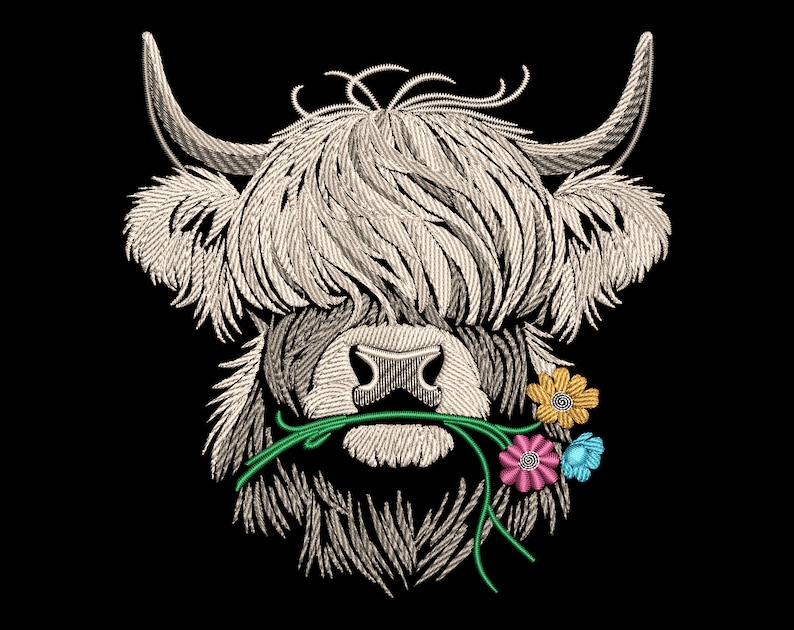 May include: Embroidered design of a white Highland cow with long, shaggy hair, holding a bouquet of green stems with pink, yellow, and blue flowers in its mouth.