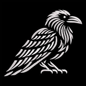 May include: A detailed white embroidered raven design on a black background. The raven is depicted in a side profile, showcasing intricate feather and wing details. The artwork is a stylized representation of the bird.