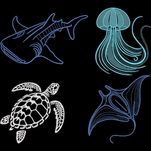 May include: A set of four line art illustrations of sea creatures. A white shark, a blue jellyfish, a white sea turtle, and a blue manta ray.