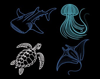 May include: A set of four line art illustrations of sea creatures. A white shark, a blue jellyfish, a white sea turtle, and a blue manta ray.