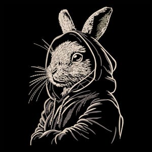 Può includere: Un disegno in bianco e nero di un coniglio che indossa una felpa con cappuccio. Il coniglio guarda di lato e ha le braccia incrociate.