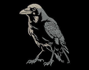 May include: A black and white embroidered image of a crow with a detailed design. The crow is standing on its two legs with its wings folded.