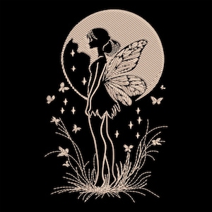 Moonlit Fairy Silhouette Embroidery Design – Magical Forest Spirit Digital File, Fantasy Wings Stitch Art for Clothes, Decor & Gifts, PES