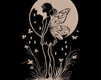May include: Embroidered design of a fairy silhouette with detailed wings, standing before a textured moon. The artwork features butterflies, stars, and grass, all in a neutral color against a black background. A whimsical, fantasy-themed design.