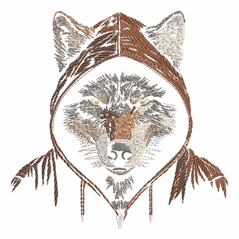 K&ouml;nnte beinhalten: Gestickte Darstellung eines Wolfes, der einen braunen Kapuzenpullover tr&auml;gt. Die Augen des Wolfes sind gelb und der Pullover hat einen Rei&szlig;verschluss.