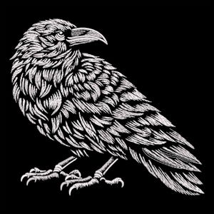 May include: A detailed white illustration of a raven against a black background. The bird is depicted in profile, showcasing intricate feather details and a sharp beak. The artwork has a textured, sketched appearance.