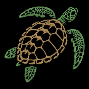May include: A green and brown sea turtle with a detailed shell design. The turtle is facing right and has its head turned to the left. The turtle is on a black background.