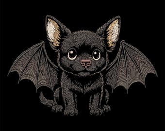 Niedliches Welpe Stickmuster mit Fledermausflügeln - niedlicher Halloween Hund mit Flügeln, gruselige Kawaii Maschinendatei für Kinder zum Sticken auf dunklen Stoffen