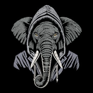 Può includere: Un'illustrazione in bianco e nero di un elefante che indossa una felpa con cappuccio. Gli occhi dell'elefante sono visibili e la felpa ha una cerniera.