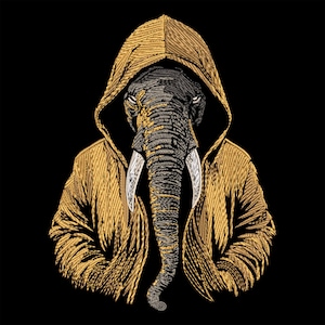 May include: A digital illustration of an elephant wearing a gold hooded jacket against a black background. The elephant's head is gray and detailed, with large white tusks. The jacket has a textured, stitched appearance.