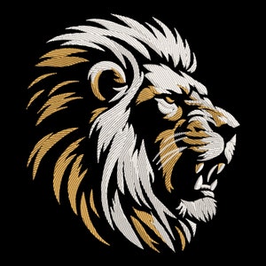 May include: A white and gold embroidered lion's head with a fierce expression, facing right. The lion's mane is detailed with intricate stitching.
