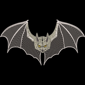 May include: A black and white embroidered design of a bat with spread wings. The bat has a gray body and yellow eyes.