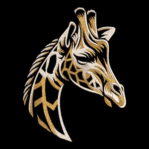 以下が含まれることがあります： 金色と白の刺繍でできたキリンの頭のデザイン。キリンの頭は横に傾いています。