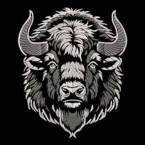 May include: A black and white embroidered image of a bison's head with large horns.