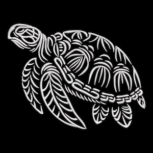 Może przedstawiać: Biała liniowa ilustracja morskiej żółwia z detalicznym wzorem pancerza. Żółw pływa w prawo.