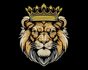 Regal Lion King Embroidery Design - Noble Jungle Monarch with Crown for Dark Textiles, Powerful Animal Head, Elegant Intricate PES Pattern
