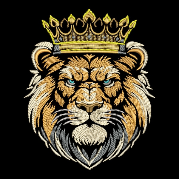 Regal Lion King Embroidery Design - Noble Jungle Monarch with Crown for Dark Textiles, Powerful Animal Head, Elegant Intricate PES Pattern