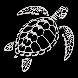 May include: A white silhouette of a sea turtle with a detailed shell and flippers against a black background.