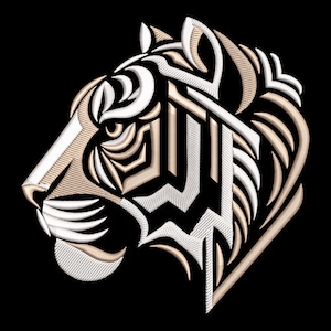 May include: A detailed embroidered tiger head design in cream and tan against a black background. The tiger's profile is rendered with geometric lines and textured stitching, showcasing the animal's features.