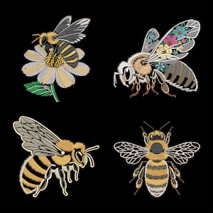 Floral Bee Embroidery Designs Collection - Golden Honeybee for Dark Fabric, Elegant Garden Flowers, Eco Nature Insect Craft, Machine Pattern
