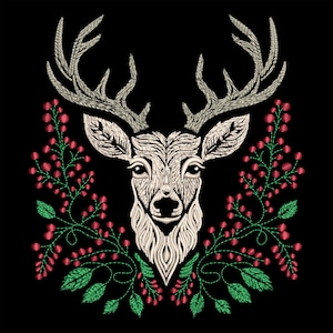 May include: White embroidered deer head with antlers surrounded by a wreath of green leaves and red berries.