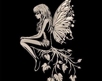Forest Fairy Sitting Embroidery Design – Enchanting Fairy for Black Fabric, Girl Silhouette Nursery Decor, Fairy Tale Wings