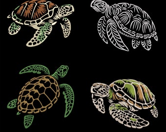 Puede incluir: Cuatro diseños de tortugas marinas bordadas en diferentes colores y estilos. Las tortugas están mirando en diferentes direcciones y tienen caparazones y aletas detalladas.