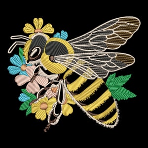 May include: Embroidered design of a yellow and black bee with striped abdomen, collecting pollen from pink, yellow, and blue flowers with green leaves.