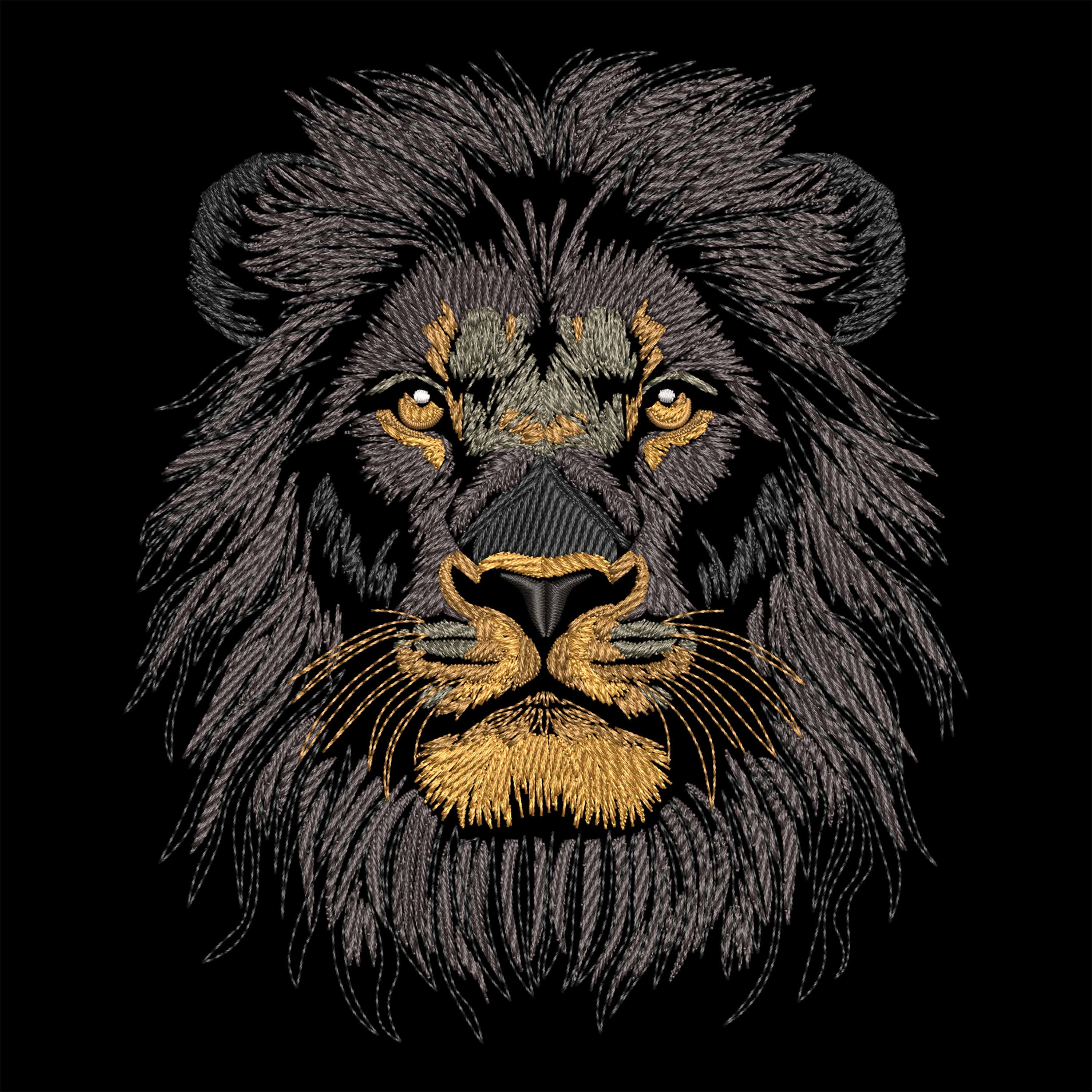 Black Lion Embroidery Design - Royal Feline for Dark Textiles