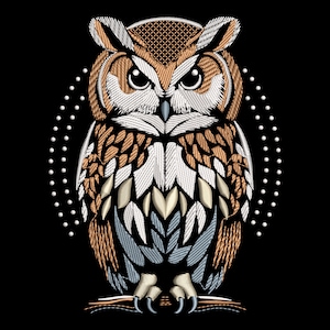 Puede incluir: Diseño de búho bordado en colores marrón, blanco y azul. El búho está rodeado por un círculo de puntos blancos.