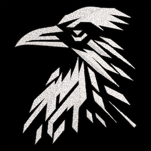 May include: A white geometric raven design against a black background. The raven's head and neck are composed of angular shapes, creating a modern, stylized look. The design is likely for apparel or home decor.