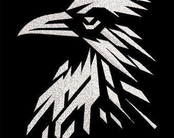 May include: A white geometric raven design against a black background. The raven's head and neck are composed of angular shapes, creating a modern, stylized look. The design is likely for apparel or home decor.