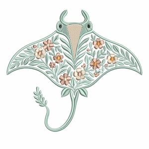 May include: An embroidered design of a stingray in shades of seafoam green, tan, and peach. The stingray is decorated with floral and leaf patterns. The design has a curved tail and two horn-like protrusions at the top.