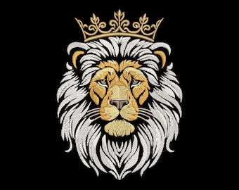 Crowned Lion King Embroidery Design - Noble Monarch for Dark Textiles, Regal Powerful Animal Head, Luxury Elegant Artwork, PES Pattern