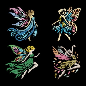 Fairy Embroidery Design Bundle – Whimsical Fairy Machine Patterns, Magic for Black Fabric, Girl Silhouette Nursery Decor, Fairy Tale Wings