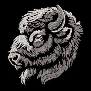 May include: A white embroidered illustration of a bison head with a detailed horn, set against a black background.