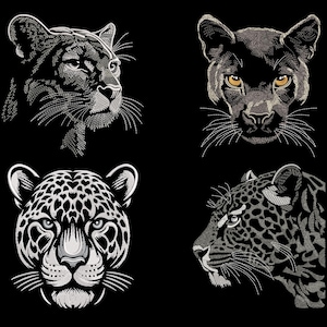 Big Cat Embroidery Design Set - Panther, Leopard, Jaguar Head Patterns for Black Fabric, Jungle Animal Machine Embroidery Bundle