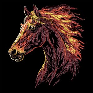 May include: A detailed illustration of a horse's head in profile, set against a black background. The horse's coat is rendered in shades of red, orange, and yellow, with a flowing mane. The artwork has a textured, embroidered appearance.