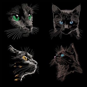 Realistic Black Cat Embroidery Design Bundle - Fierce Eyes Feline Art, Animal Embroidery for Dark Fabric, PES File,  for Animal Lovers