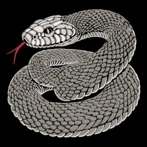 Puede incluir: Una serpiente plateada enroscada con una lengua roja y un ojo amarillo. La serpiente está sobre un fondo negro.