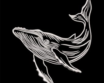 May include: A white line drawing of a whale on a black background. The whale is depicted in a side profile, with detailed lines outlining its body, fins, and tail. The design has a minimalist, artistic style.