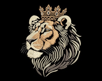 Crowned Lion Head Embroidery Design - Noble Jungle King for Dark Textiles, Goldern Powerful Animal, Luxury Elegant Artwork, PES Pattern