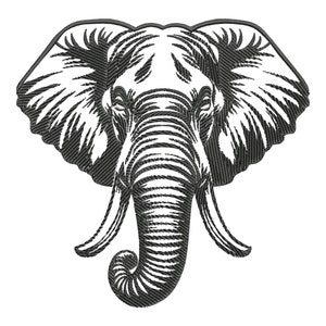 Puede incluir: Ilustración en blanco y negro de línea de arte de la cabeza de un elefante. La trompa del elefante está enroscada y sus orejas son grandes y caídas.