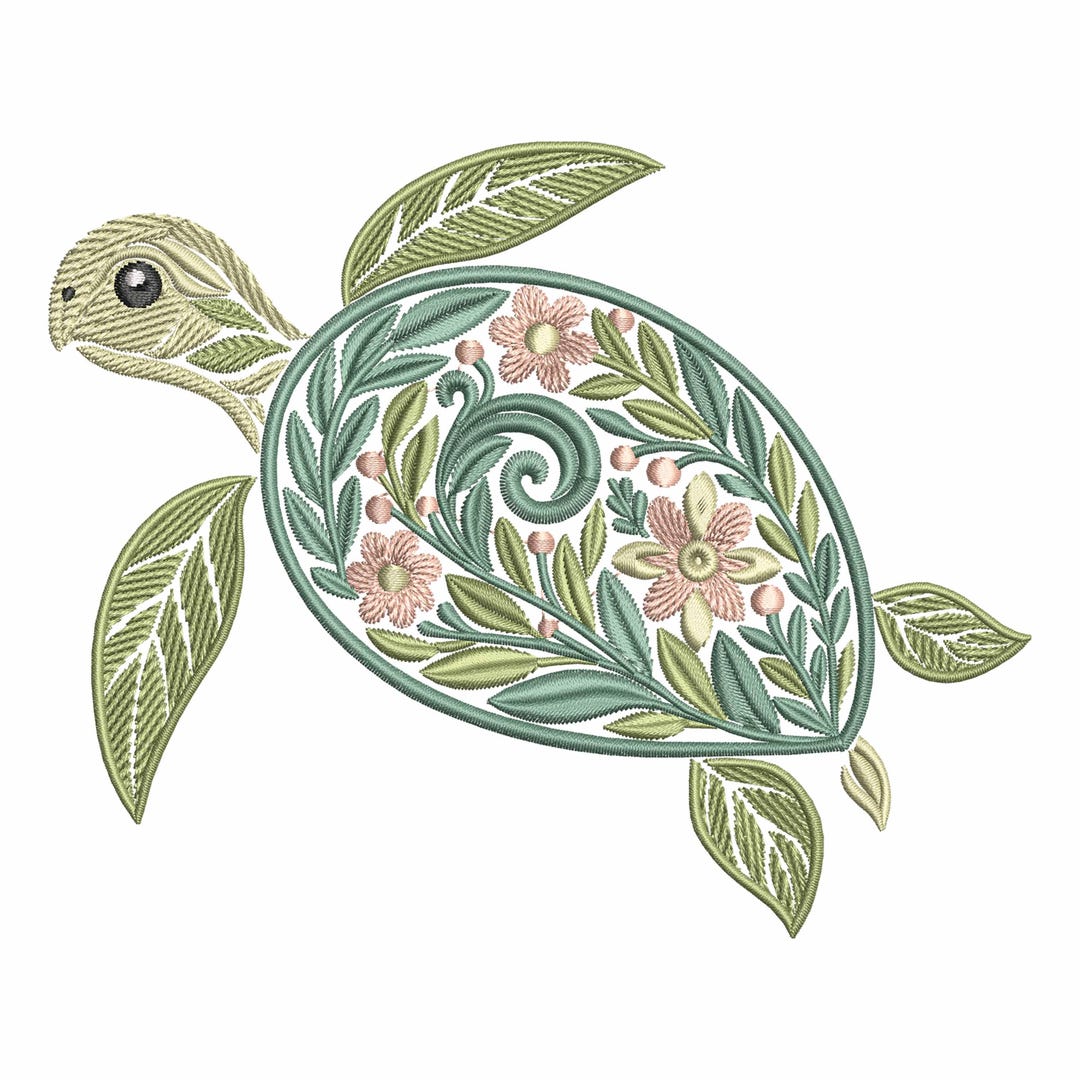 Floral Sea Turtle Embroidery Design With Botanical Shell, Nursery ...